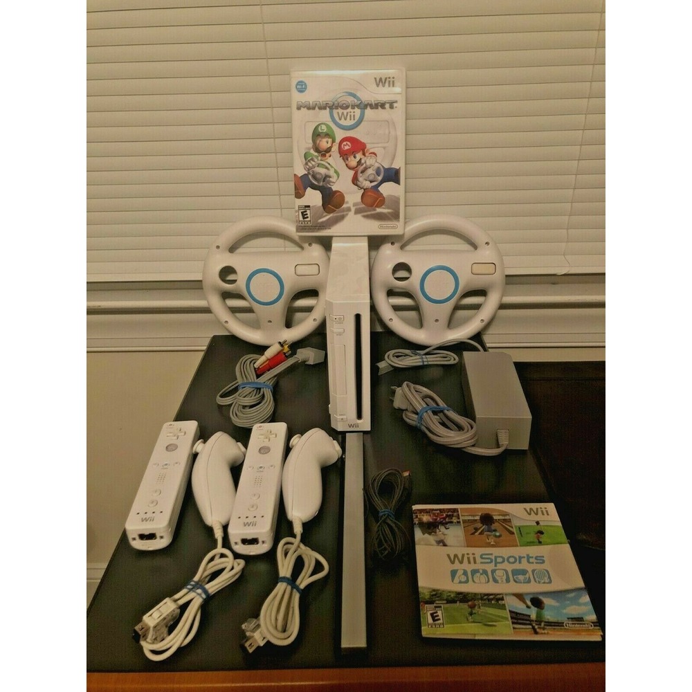 Nintendo Wii Console Bundle-Mario Kart Wii Sports 2 Wheels/Controllers And Box